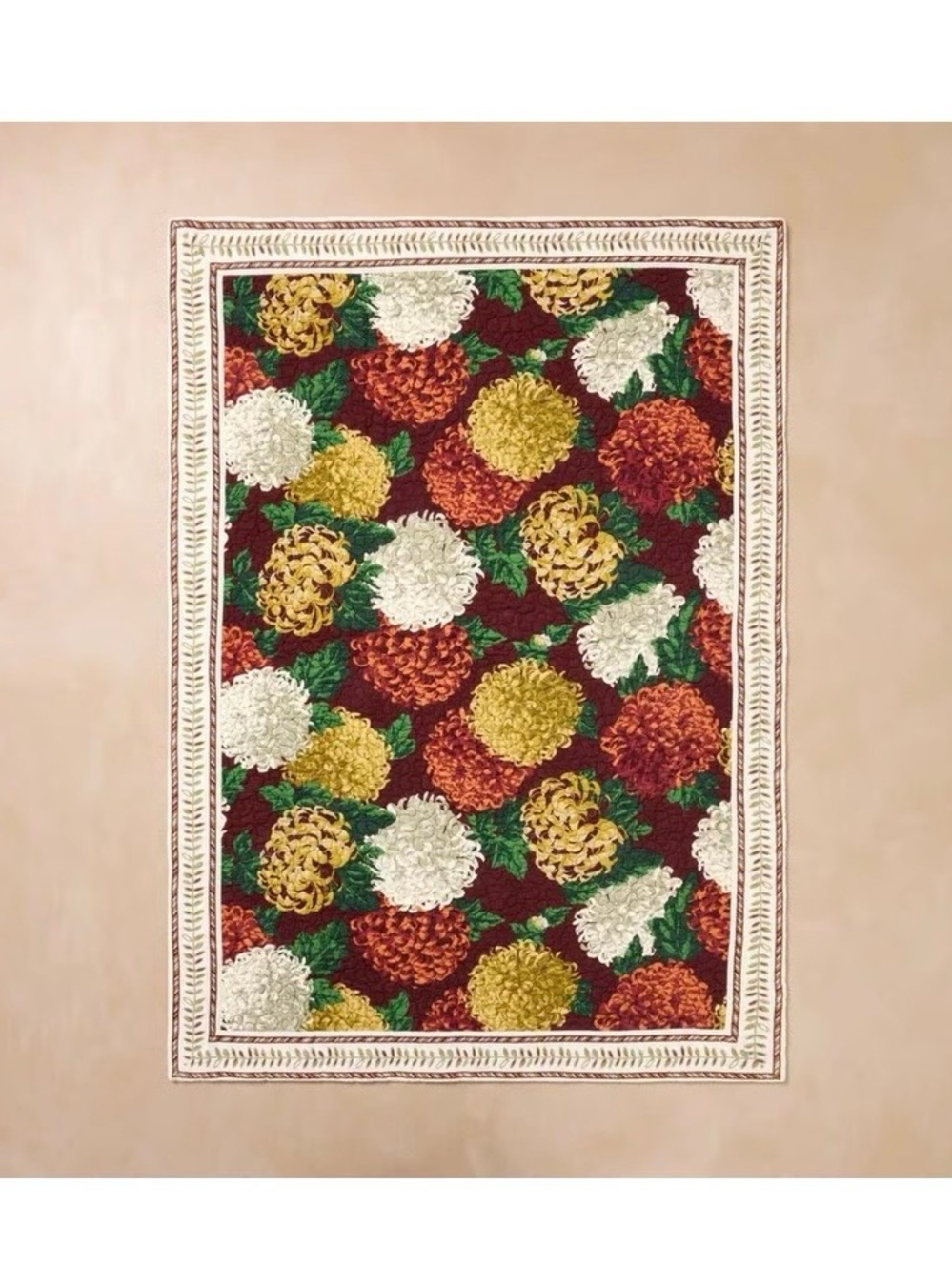 Chrysanthemum Quilted Throw Blanket - Burgundy, Yellow & Green - Picture 2 of 7